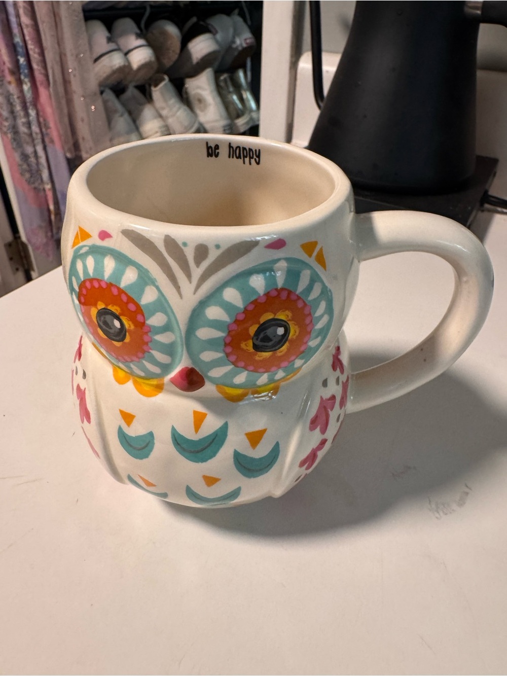 NATURAL LIFE White Owl Mug with Teal, Orange, Pink & Yellow Accents